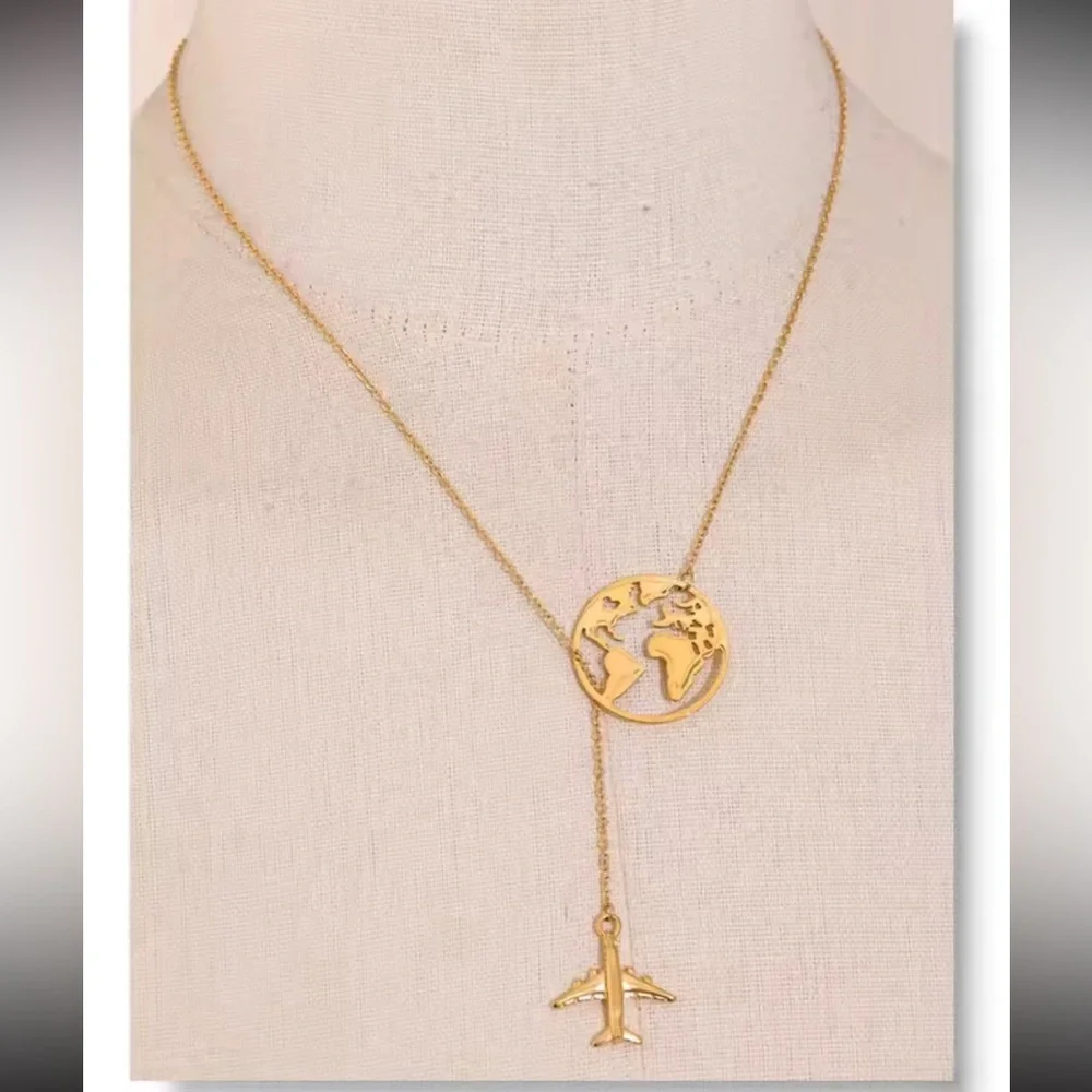 Traveller Airplane Gold World Map Necklace